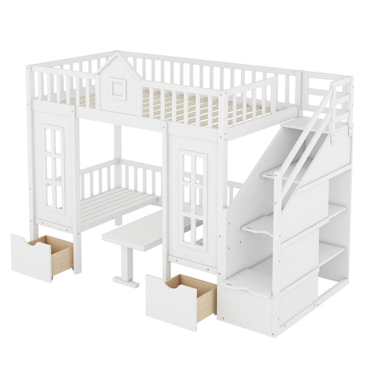 Twin-Over-Twin Bunk Bed with Changeable Table, Bunk Bed Turn into