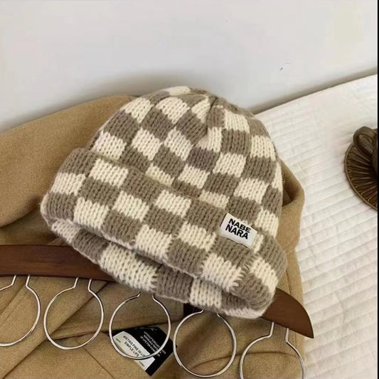 Chessboard Plaid Knitted Hat Women's