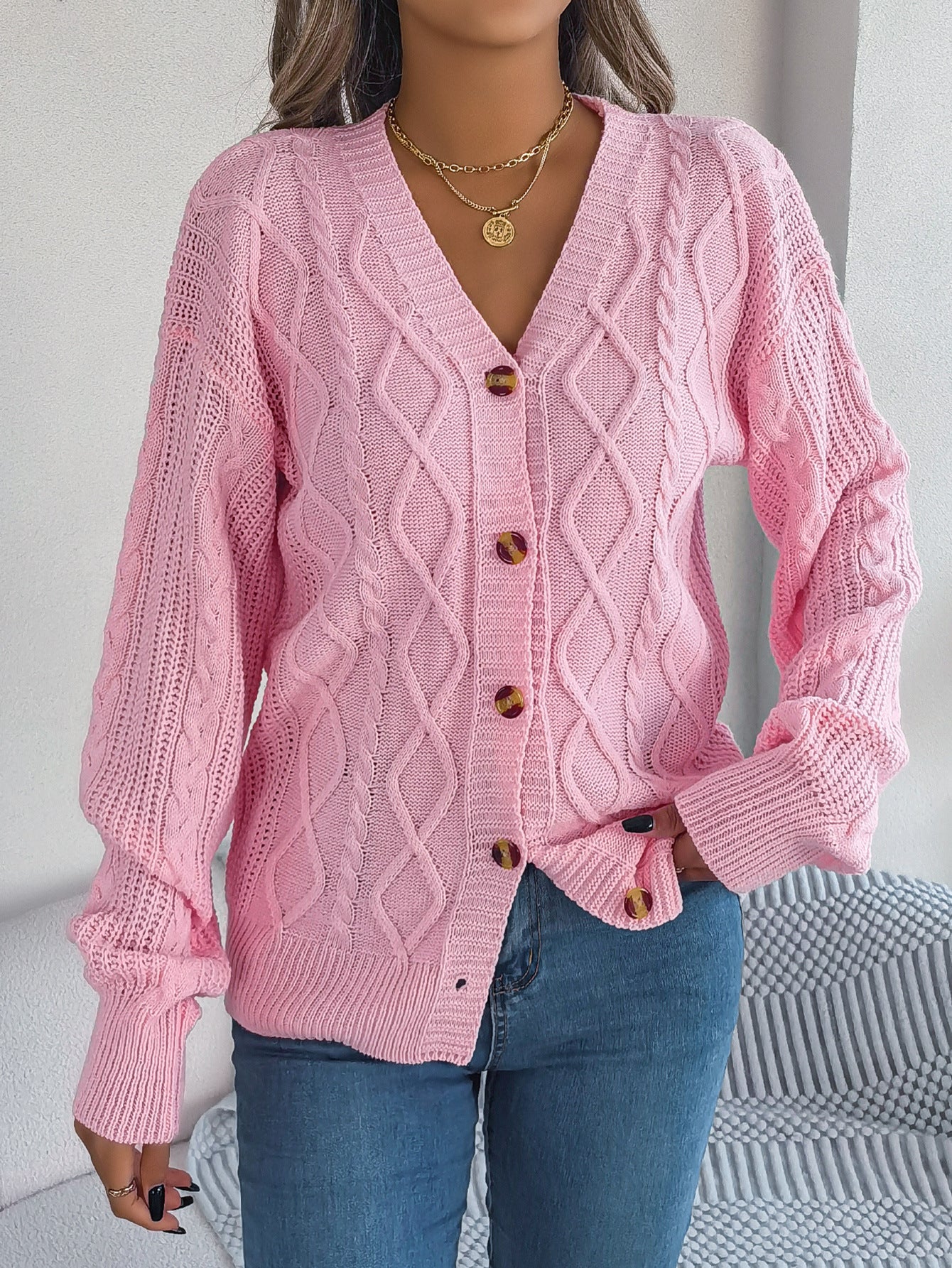 V-neck Long Sleeve Button Women's Sweater
