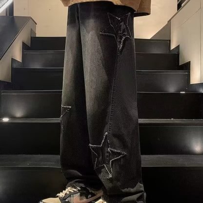 Star Embroidery Straight Casual Men Jeans Gothic Neutral New Wide Leg