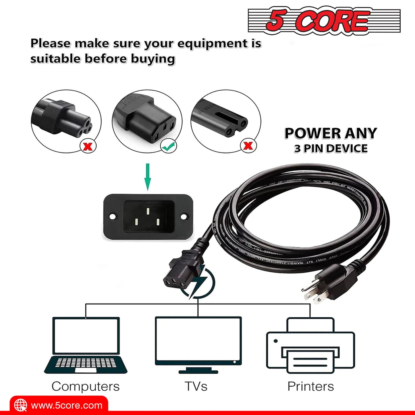5Core AC Power Cord 6 Ft 3 Prong US Male - Female Extension Adapter