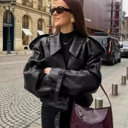 Loose Lapel Leather Jacket Fashion Cropped Tops Streetwear For Womens