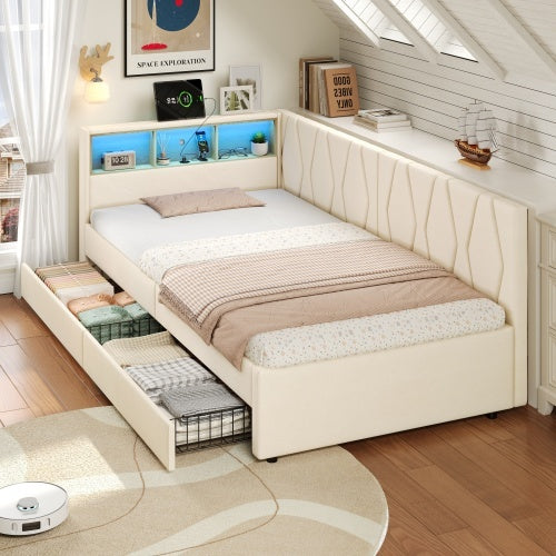 3ft Single Daybed With Two Storage Drawers, LED Modern Bed Frame With Charging Station