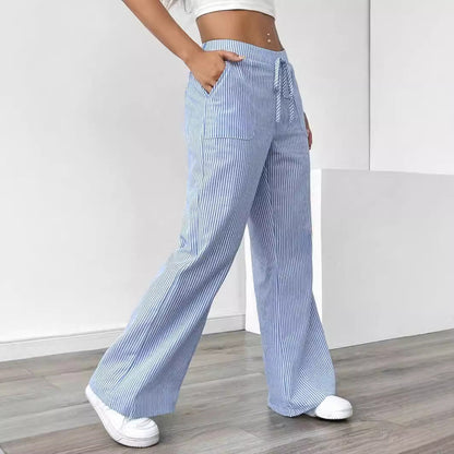 New Striped Trousers With Pockets Casual Versatile Loose Wide Leg