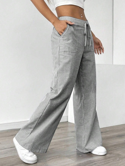 New Striped Trousers With Pockets Casual Versatile Loose Wide Leg