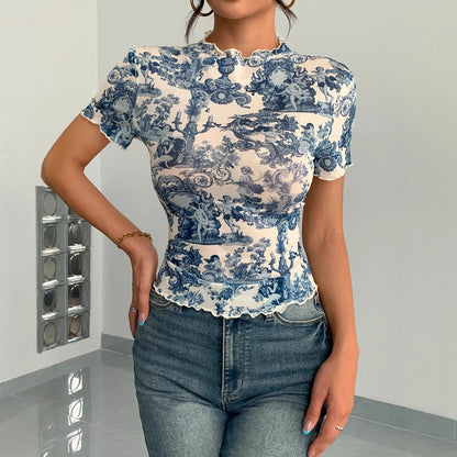 Elegant Mesh Floral Print Top For Women