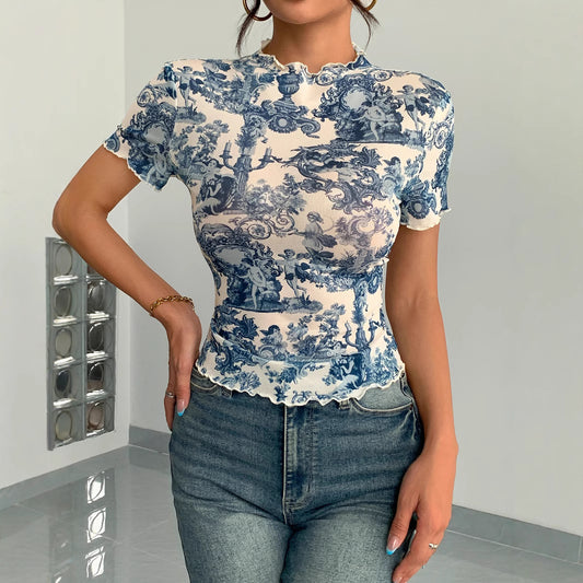 Elegant Mesh Floral Print Top For Women