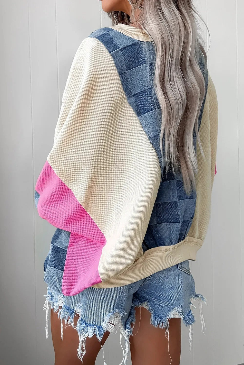 Oversized Checkered Denim Casual Sweatshirt