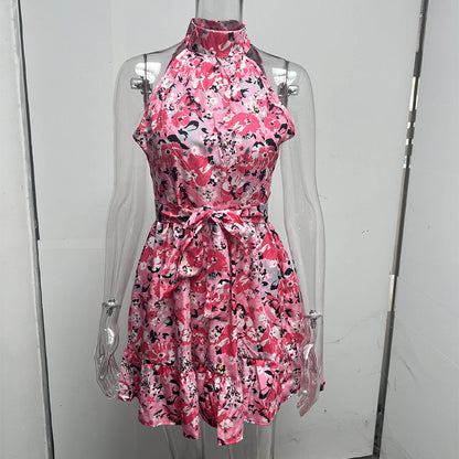 New Flowers Print Halterneck Dress Summer Fashion Temperament Lace-up