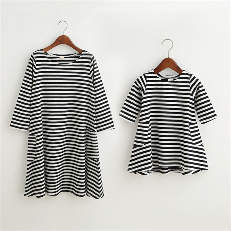 Family Matching Mother And Daughter Striped Dresses