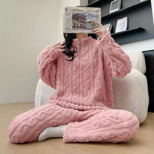 Autumn And Winter New Twist Zipper Couple Fleece-lined Thick Coral