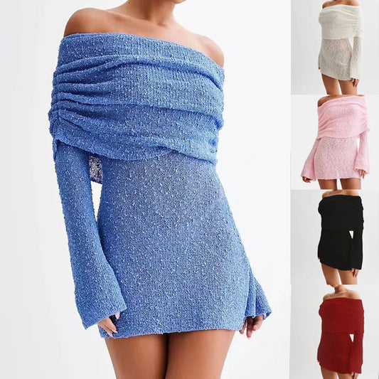 Women's Spring Summer Knitted Dress Elegant Party Boat Neck Dress
