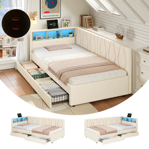3ft Single Daybed With Two Storage Drawers, LED Modern Bed Frame With Charging Station