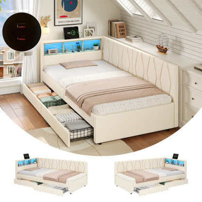 3ft Single Daybed With Two Storage Drawers, LED Modern Bed Frame With Charging Station