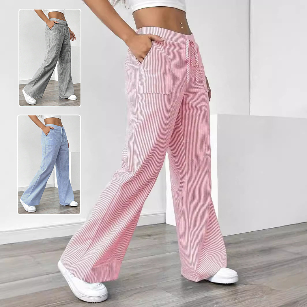 New Striped Trousers With Pockets Casual Versatile Loose Wide Leg