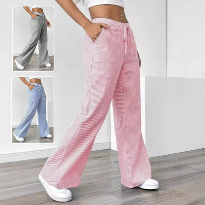 New Striped Trousers With Pockets Casual Versatile Loose Wide Leg