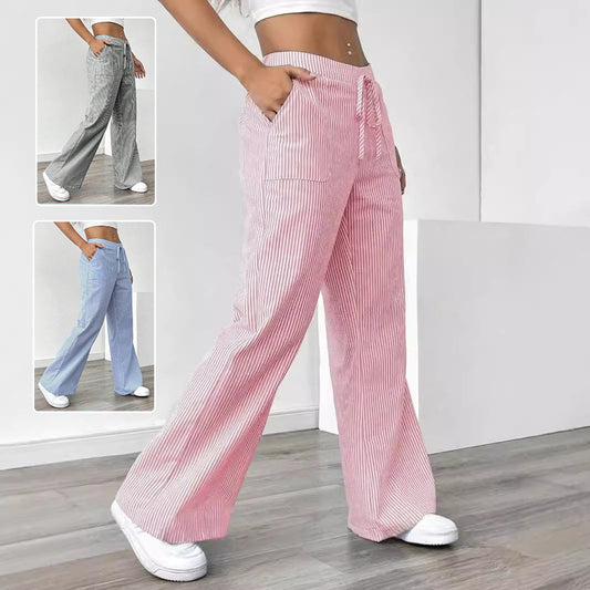 New Striped Trousers With Pockets Casual Versatile Loose Wide Leg
