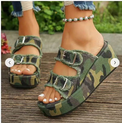 Fashion Denim Buckle Wedges Sandals Summer Outdoor High Heel Slippers