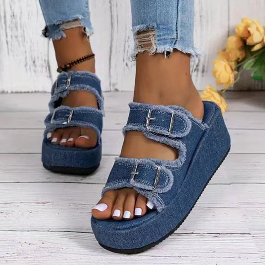 Fashion Denim Buckle Wedges Sandals Summer Outdoor High Heel Slippers