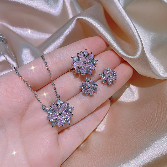 Fashion Jewelry Zircon Women Necklace Ring Double Layers Flower Cubic
