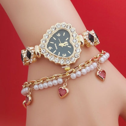 Fashion Love Shape Bracelet Watch Set Diamond Colored Heart Quartz