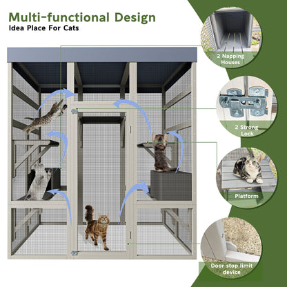 62.6' Outdoor Wooden Catio for Cats, Large Cat Enclosure with