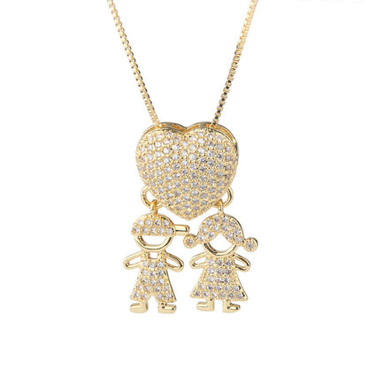 Fashion Jewelry Son Daughter Heart Gold Color Cubic Zirconia Family