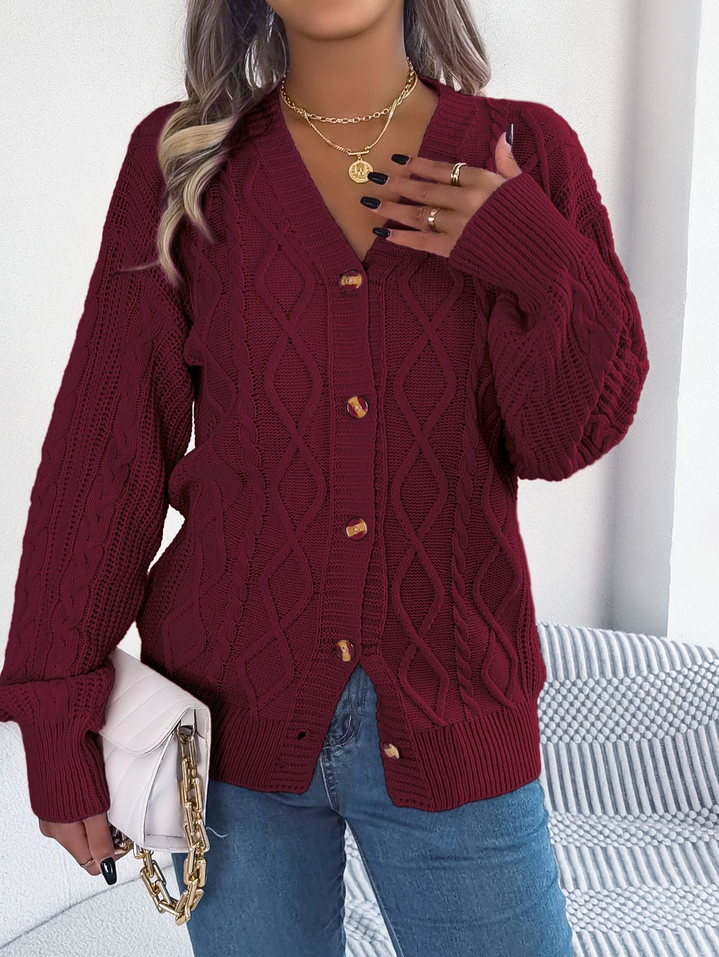 V-neck Long Sleeve Button Women's Sweater