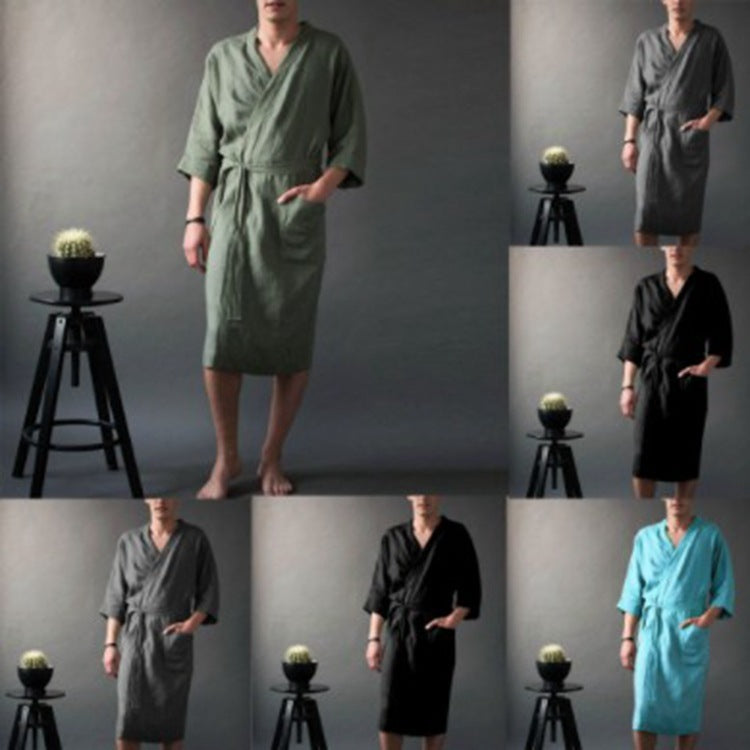 Solid Color Linen Pajamas Robe Bathrobe