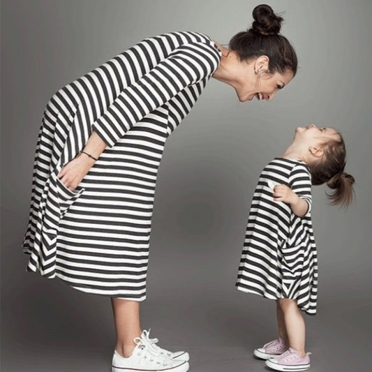 Family Matching Mother And Daughter Striped Dresses