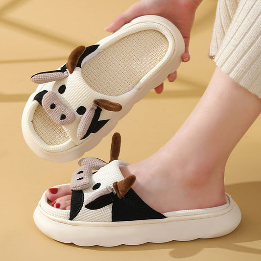 Cute Cartoon Cow Frog Slippers Linen Non-slip Shoes Indoor Garden Home