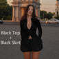 Slim Suits V-neck ZIpper Long-sleeved Top And Mini Skirt Ins Fashion