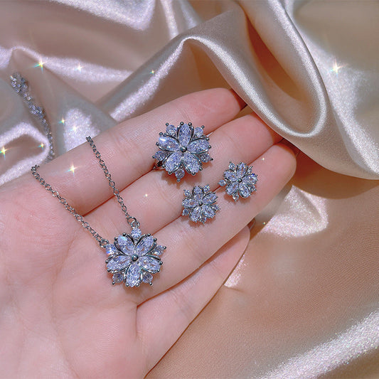Fashion Jewelry Zircon Women Necklace Ring Double Layers Flower Cubic