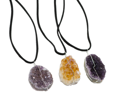 Druse Crystal Pendant on Leather Necklace