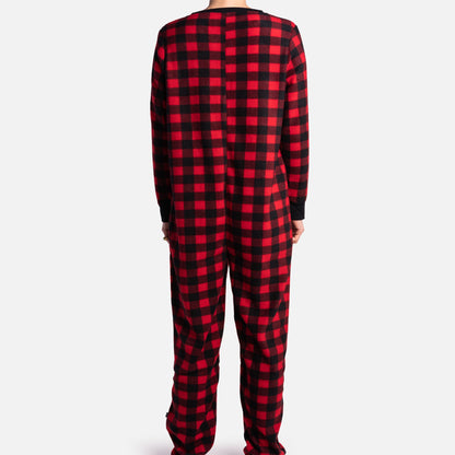 🔴 Red Plaid Onesie – Cozy Zip-Up Pajamas