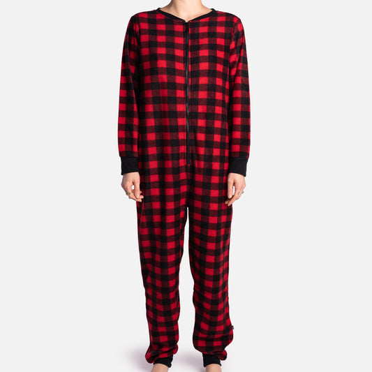 🔴 Red Plaid Onesie – Cozy Zip-Up Pajamas