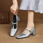 High Heel Vintage Leopard Print Square Toe Sheepskin Chunky Heel Pumps