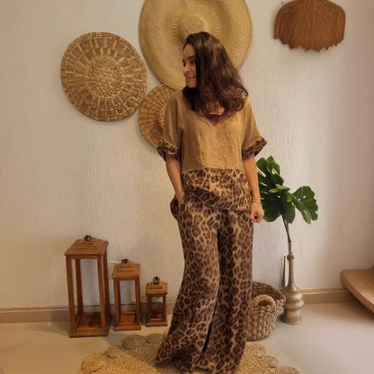 Women Clothing Loose Stitching Short Sleeve Top High Waist Wide Leg