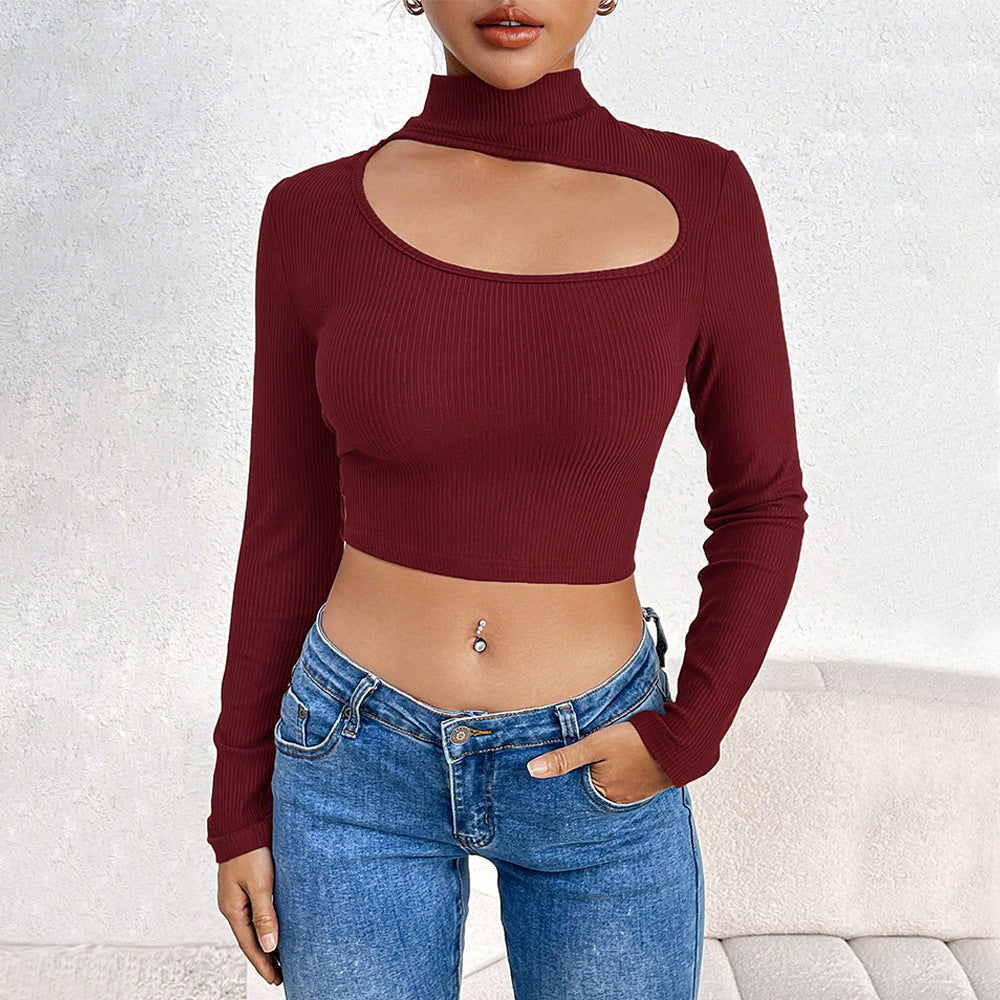 French Design Pierced Black Halter Half Turtleneck Bottoming Shirt