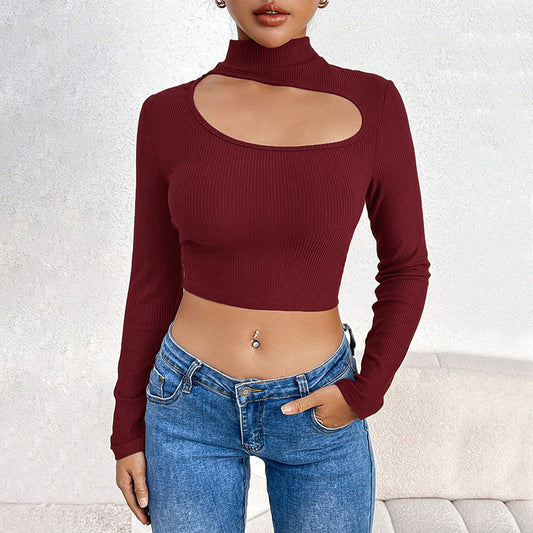 French Design Pierced Black Halter Half Turtleneck Bottoming Shirt