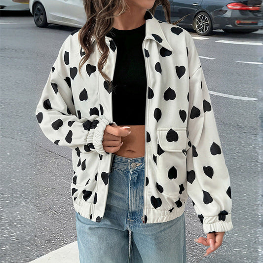 Street Casual Sweet Zipper Collared Love Coat Women Spring Autumn