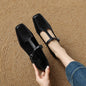 High Heel Vintage Leopard Print Square Toe Sheepskin Chunky Heel Pumps