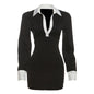 Women Clothing Autumn Elegant Contrast Color Slim Fit Sheath Collared