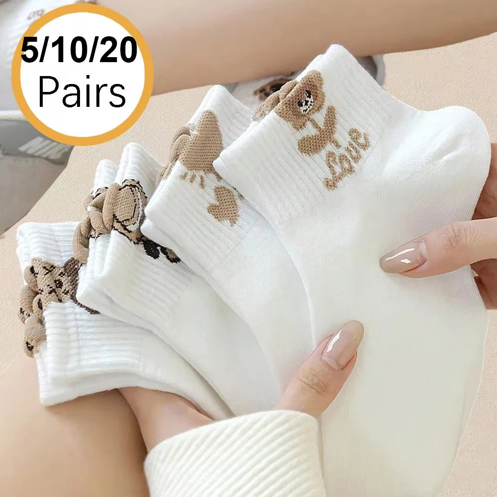 5/10/20 Pairs Women Cartoon Teddy Bear Patterned Ankle Socks Versatile