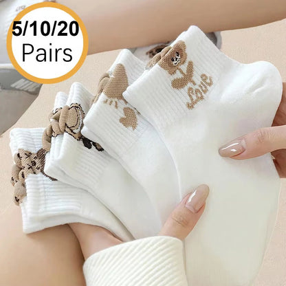 5/10/20 Pairs Women Cartoon Teddy Bear Patterned Ankle Socks Versatile