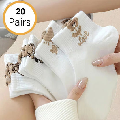 5/10/20 Pairs Women Cartoon Teddy Bear Patterned Ankle Socks Versatile