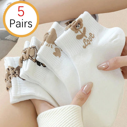 5/10/20 Pairs Women Cartoon Teddy Bear Patterned Ankle Socks Versatile