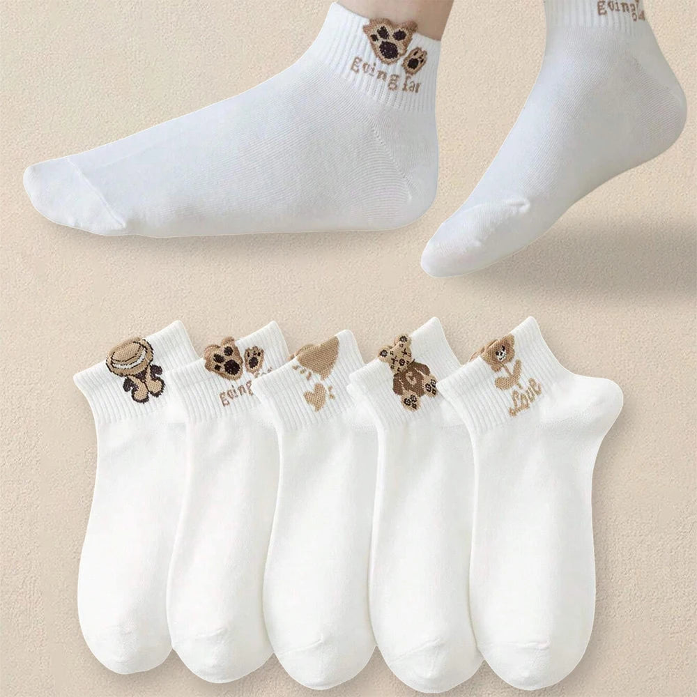 5/10/20 Pairs Women Cartoon Teddy Bear Patterned Ankle Socks Versatile