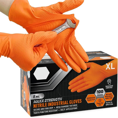 Heavy Duty Orange Nitrile Gloves 8Mil Industrial Disposable Gloves