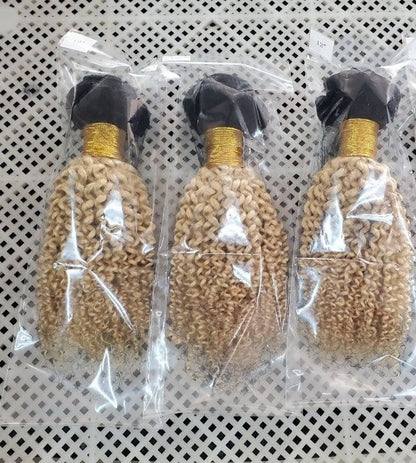 Blonde Kinky Curly #1B/613 Human Hair BUNDLES with CLOSURES & FRONTALS